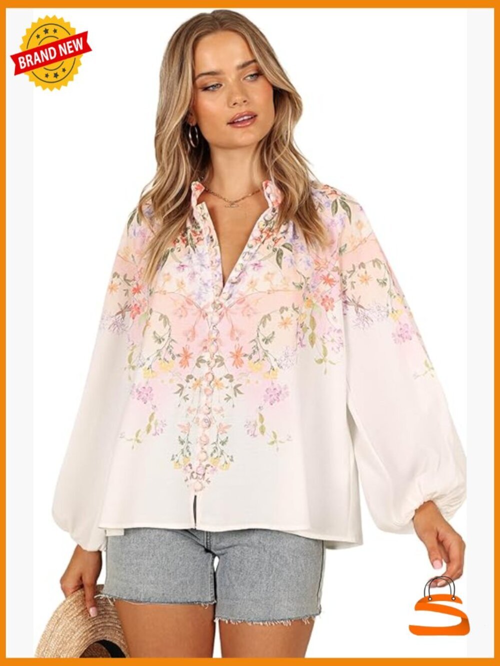 High Neck Long Sleeve Button Down Blouse Peasant Top